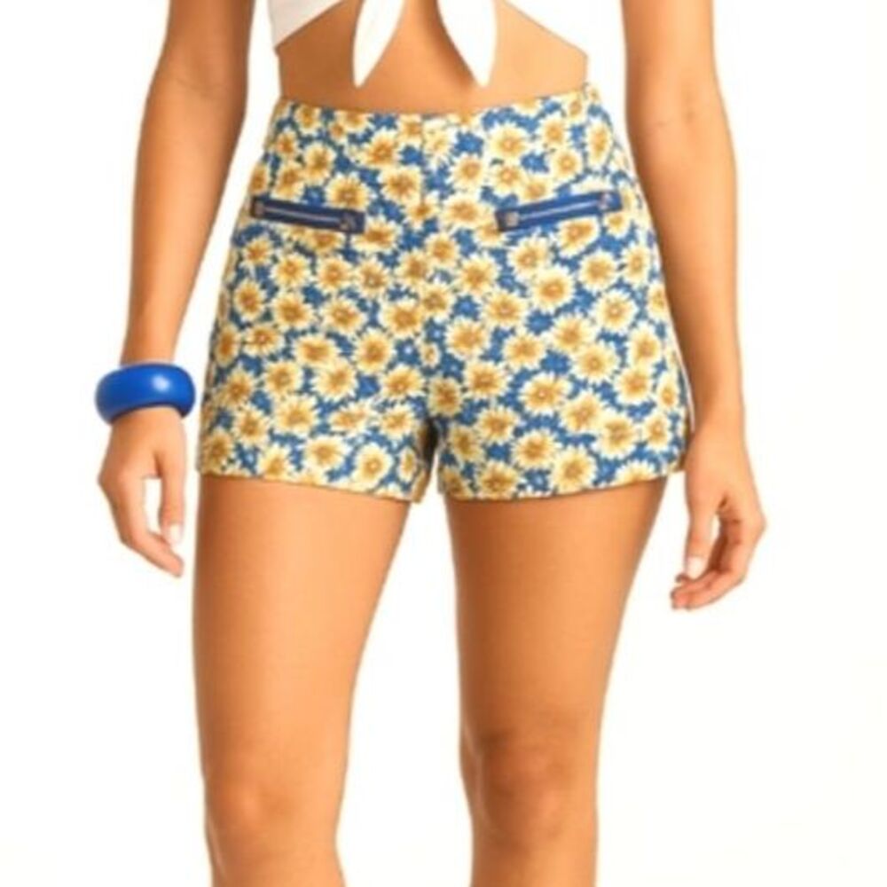 Blue Yellow Daisy Floral Stretch Shorts Medium Cottagecore Retro Festival